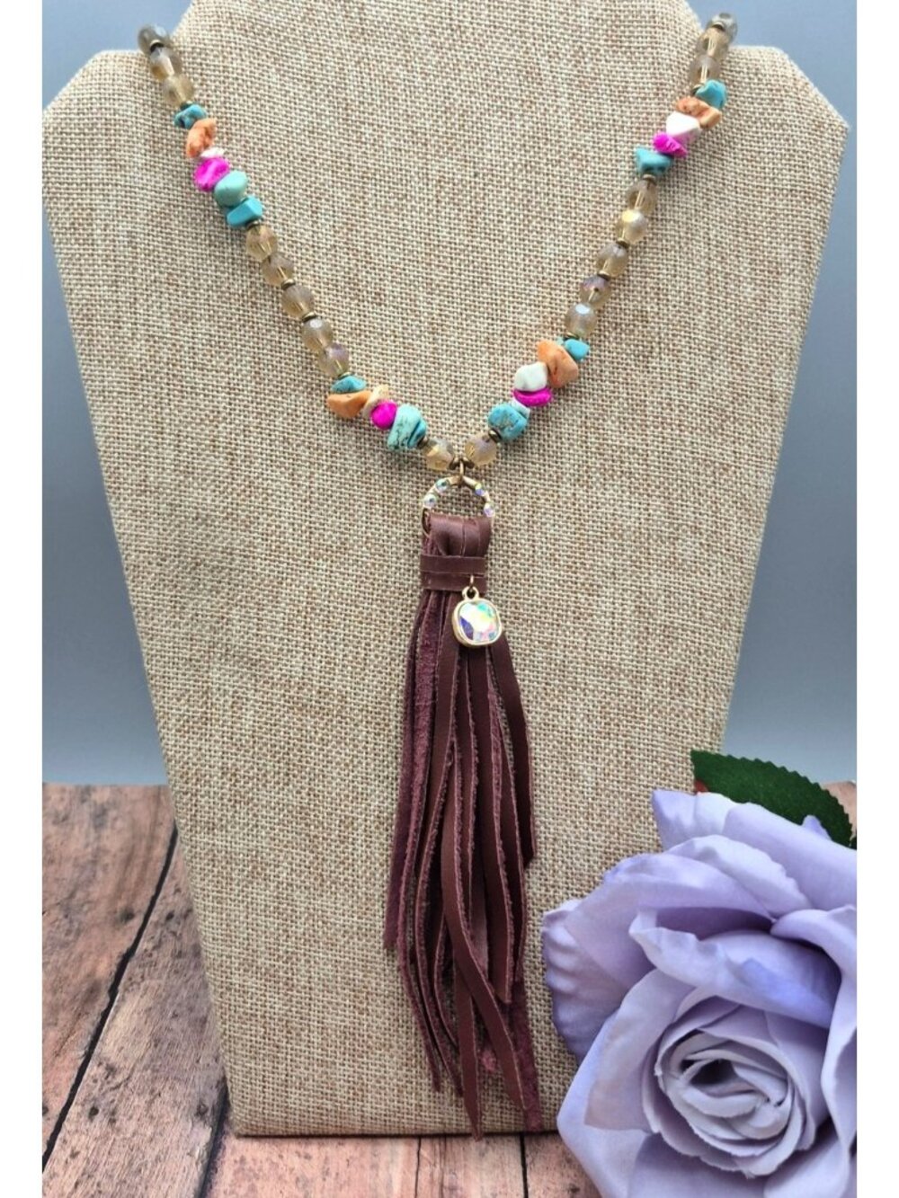 Bohemian Style Beaded Necklace Colorful Stone & Brown Leather Tassel Pendant 32"